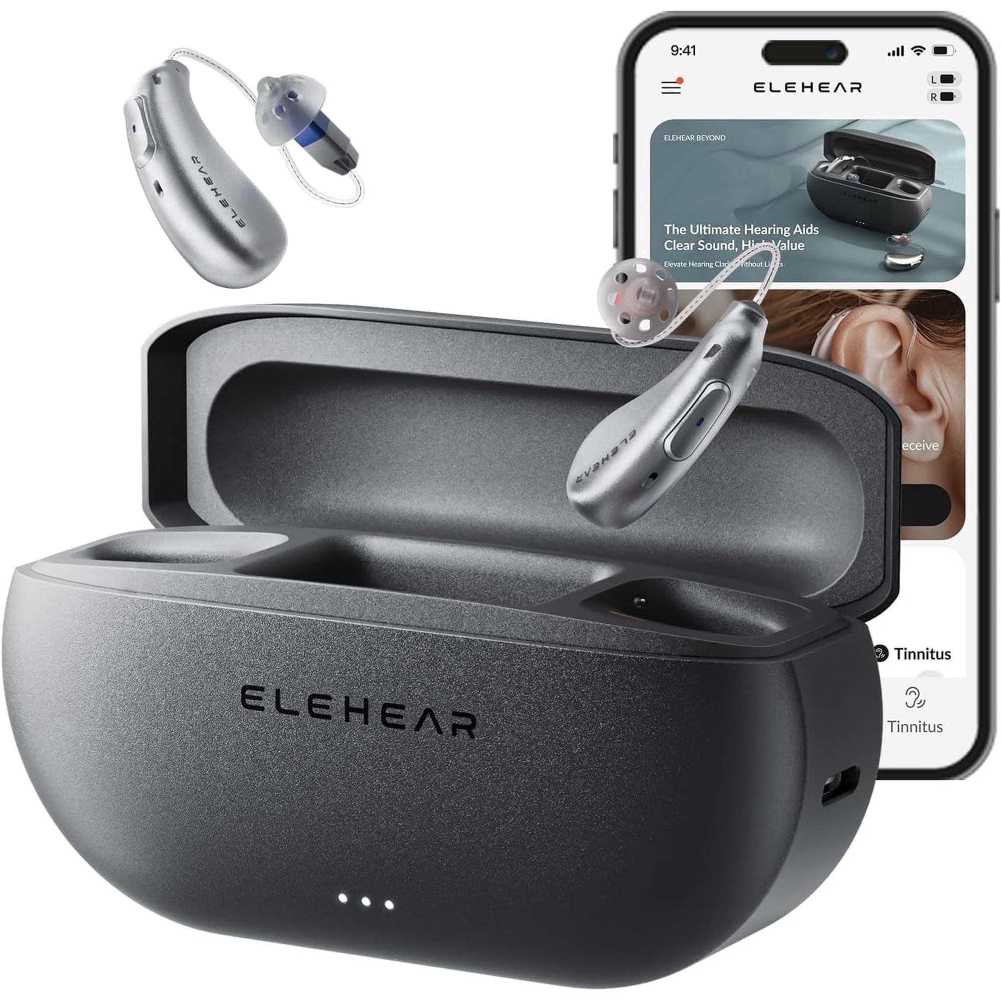 ELEHEAR Beyond OTC Hearing Aids, AI Speech Enhancement, Bluetooth 5.3, Silver Gray