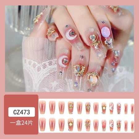 Best-selling pink and white gradual change love nail art, sweet romantic diamond jewelry wearing nail 24 pieces finished fake nail patch