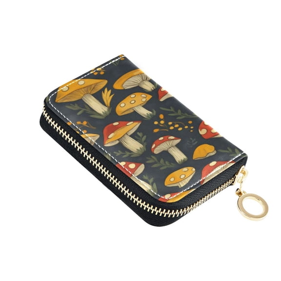 Leather Zipper Card Bag 4.7x3.1x0.8Inch Women's Card Bag Coin Purse Credit Card Bag Bank Card Bag Business Card Bag Coin Bag Mushroom with Black Background