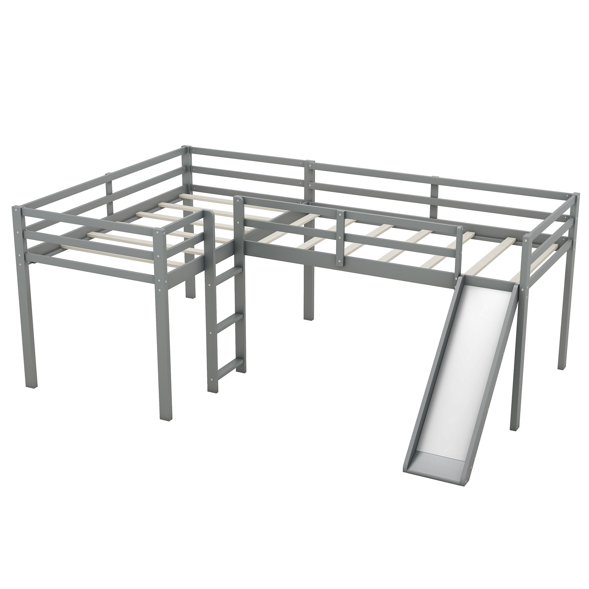 Euroco Twin L-Shaped Low Loft Bed with Movable Two-Tier Shelves for Kids Teens, Gray