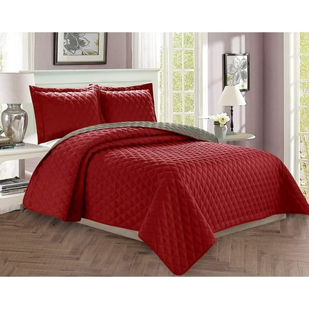 3 Piece Bedspread Coverlet Quilted Set with Shams KingCalifornia King, BurgundyGray