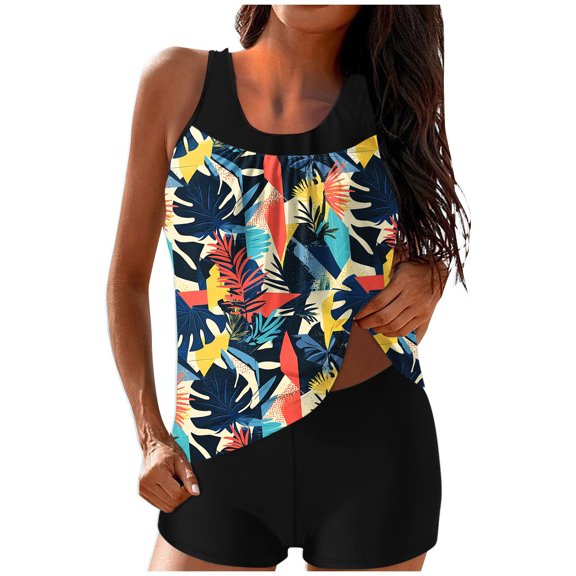Alkepwun Womens Swimsuits Tankini Two Piece Plus Size Modest Bathing Suit Mesh Flowy Full Coverage Tummy Control Swim Top with Stretch Boy Shorts