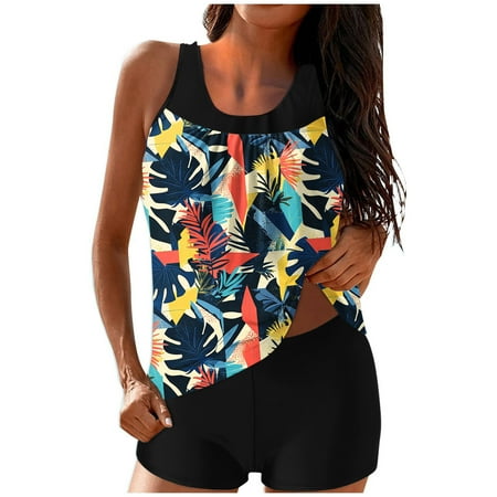 Womens Summer 2 Piece Bathing Suit Long Torse Tankini Blouson Swim Top with Boyshorts Mother Modest Swimsuits Yellow  XL