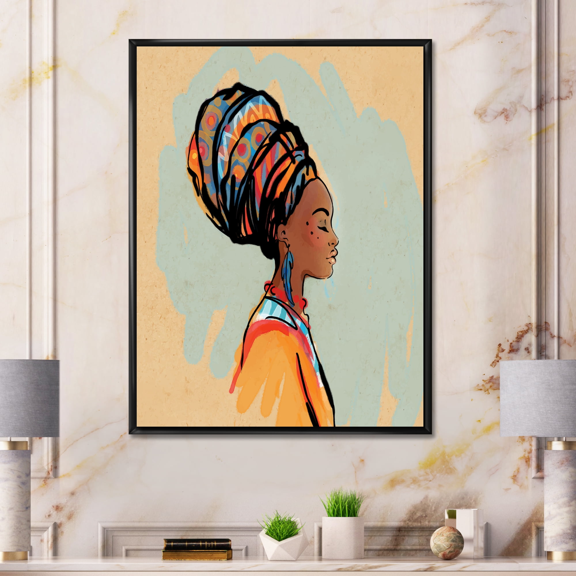 Designart 'Portrait of African American Woman With Turban III' Modern Framed Canvas Wall Art Print