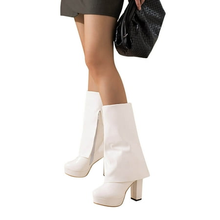 

Lovskoo 2024 Women s Mid Calf Boots Round Toe Chunky Heel Oversized Pants Boots Waterproof Platform High Heels Thick Solid Leather Candy Colored Boots White