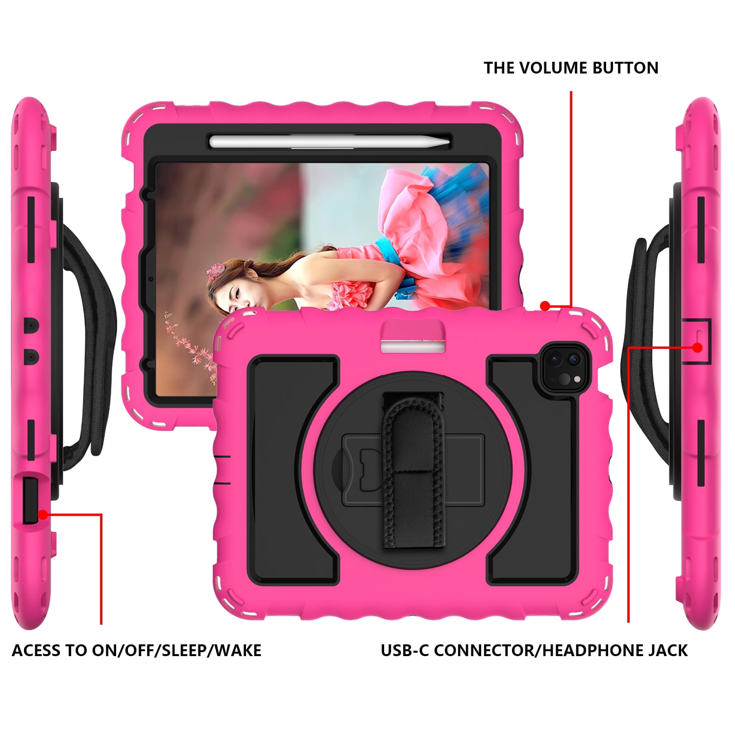 Allytech iPad Air 5 4 10.9 Case 2022/2020, Heavy Duty Shockproof Kids Case with Pencil Holder Hand Strap Kickstand Shoulder Strap for Apple iPad Air 5th 4th Generation 10.9 Inch -Rose