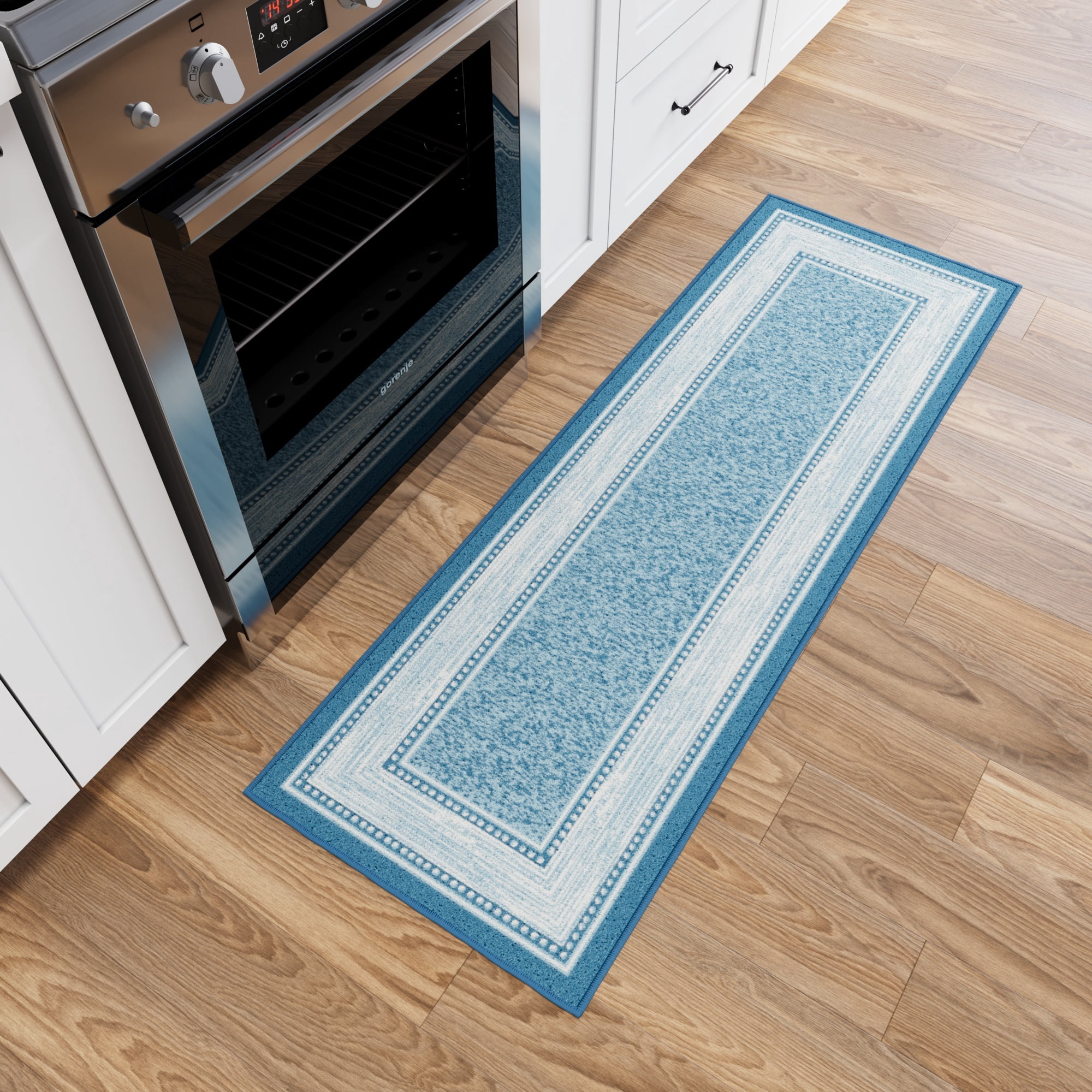 Ottomanson Border Bathroom Runner Rug 20" x 59" - Non Slip Low Pile Carpet, Blue