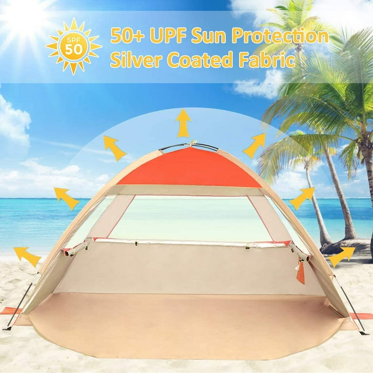 Gorich Beach Tent UPF50 Sun Shelter Canopy for 3 Person Portable Beach Shade Tent Easy Setup Cabana Beach Tent Orange beige