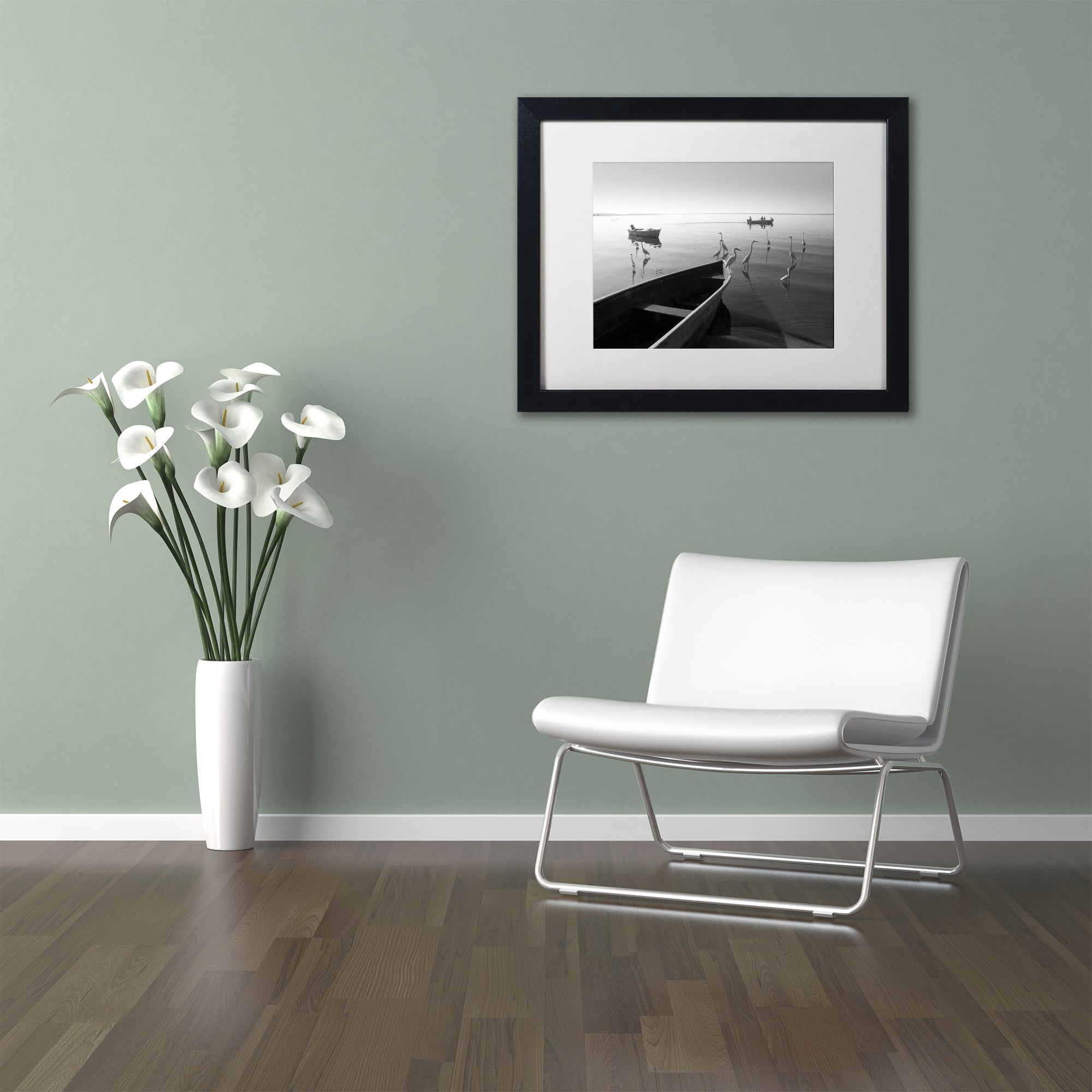 Trademark Fine Art "Herons and 3 Boats" Canvas Art by Moises Levy White Matte, Black Frame
