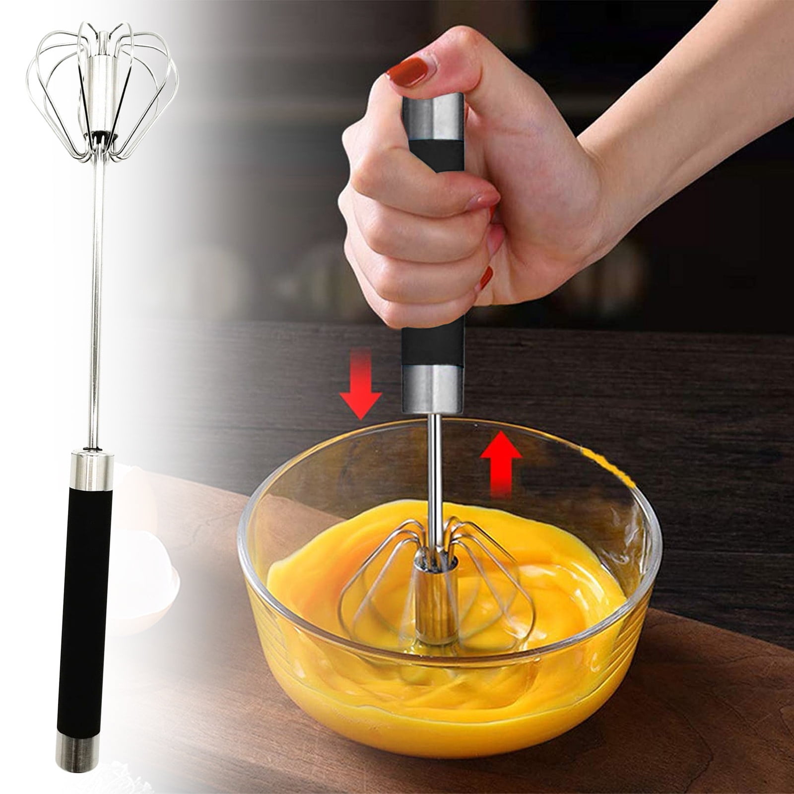 Kitchen Semi-Automatic Stainless Steel Whisk Stirrer Egg Beater Rotate Hand Push 