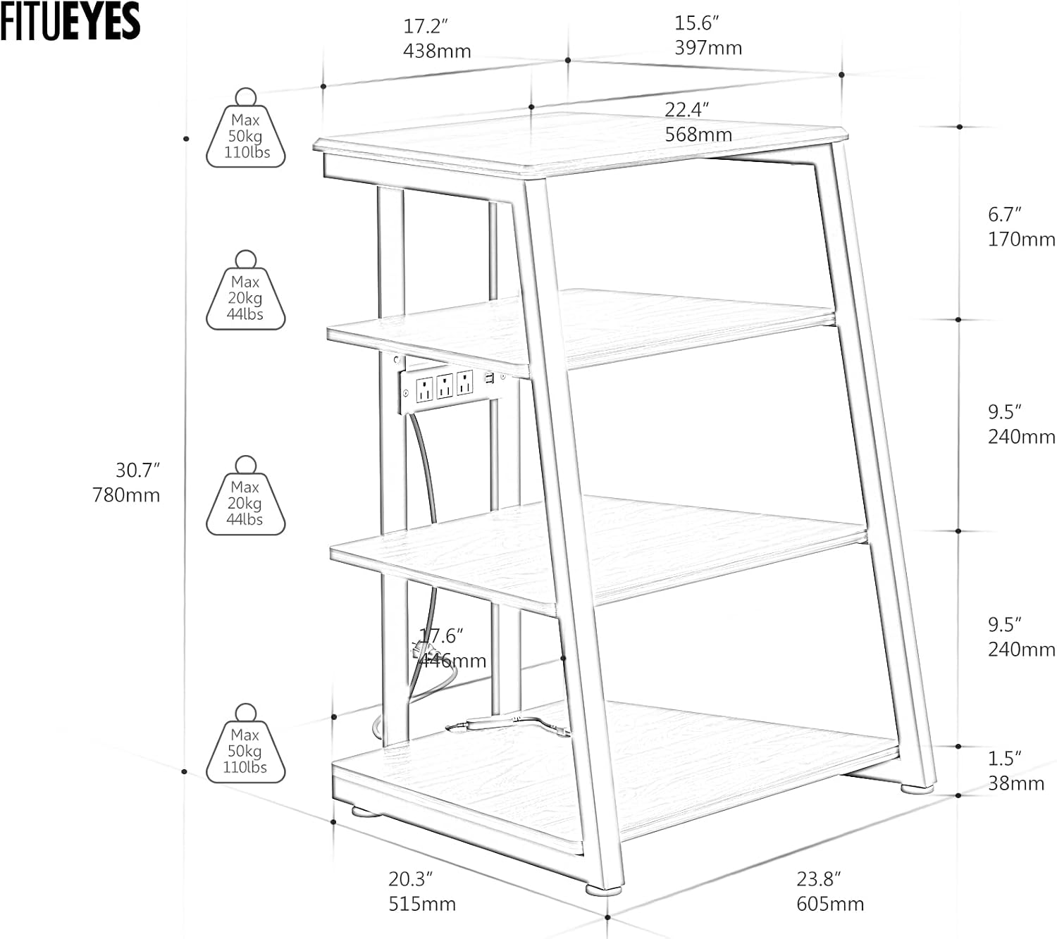 FITUEYES 4-Tier Media Stand with LED Backlight and Power Outlet, Adjustable Shelves, White Oak