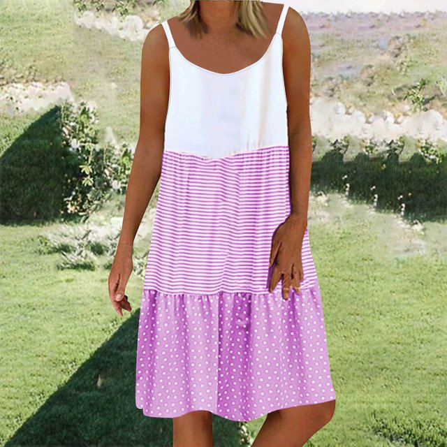Ovzne Robes pour Femmes Robe d'Été Mode Féminine Rayée à Pois Col Rond Robe à Bretelles Réglables Robe d'Été Imprimée Liquidation