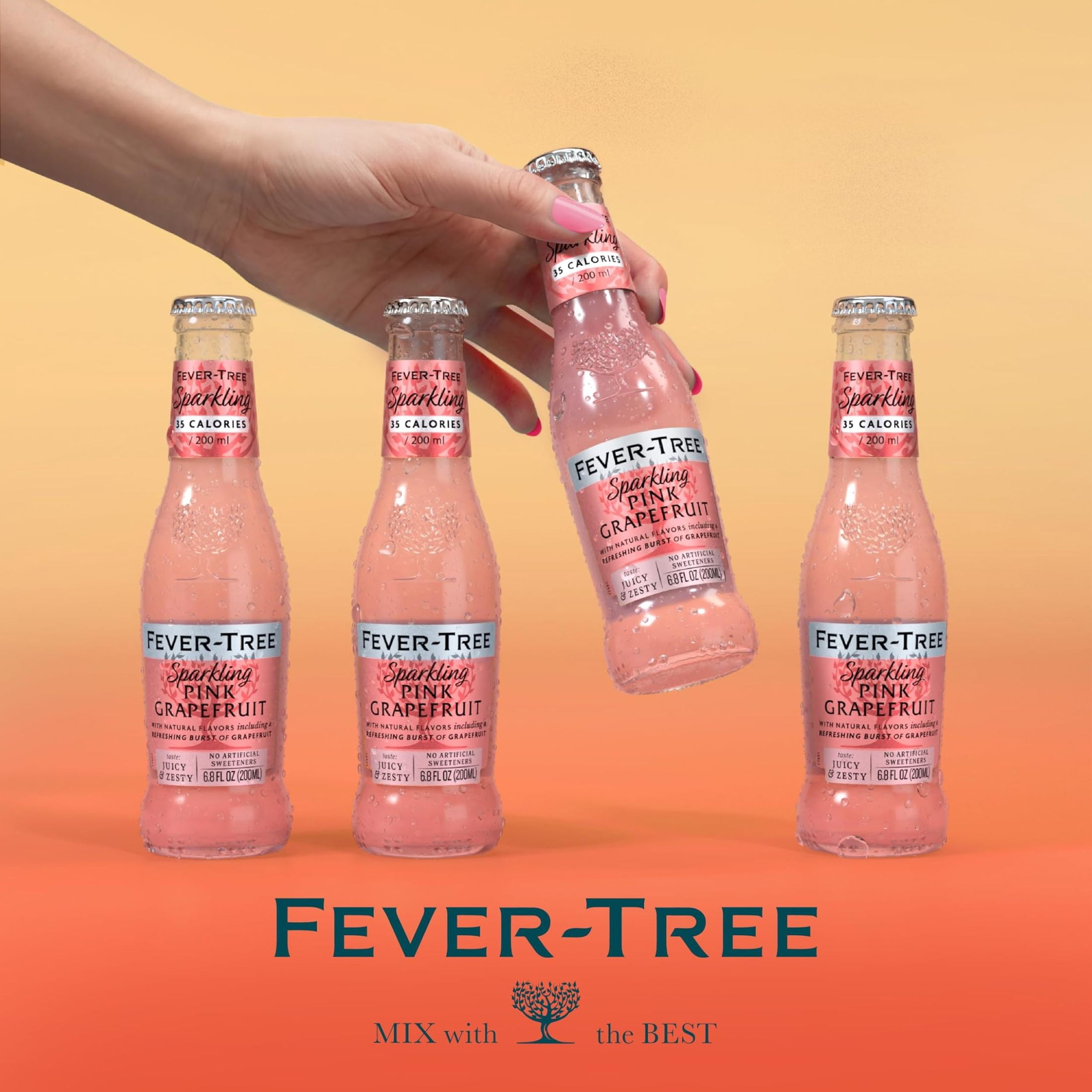 Fever-Tree Sparkling Pink Grapefruit , 4 Pack, 200 ML Glass Bottles, 0% ABV