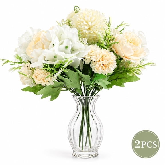 Artificial Flowers Arrangements Peony Silk Hydrangea Bouquet Carnations Realistic Plastic 2 Pack White