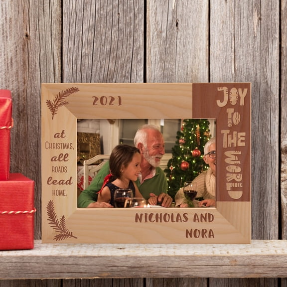 Joy To The World At Christmas, All Roads Lead Home Personalized Wooden Frame-6" x 4" Brown Horizontal