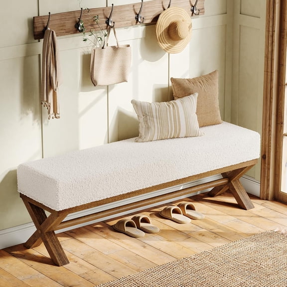 Tribesigns 51.18-Inch Upholstered Entryway Bench, Solid Wood Bench with Faux Shearling Padded Seat for Bedroom, Entrance (White & Brown)