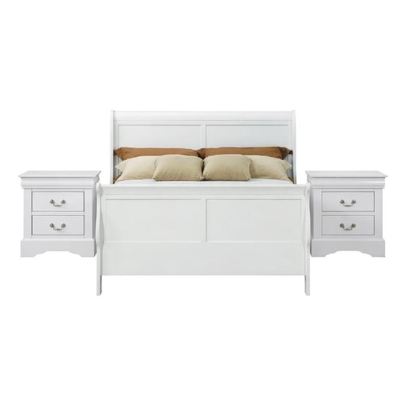 Full Size Bedroom Set- White Finish- 3-Piece Set with Bed and 2 Nightstands