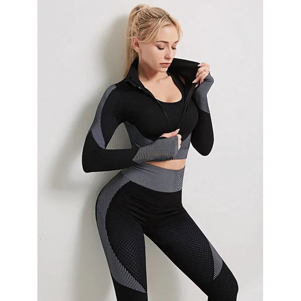 Traje de Yoga, ropa de gimnasio para mujer, ropa de Fitness, conjuntos de entrenamiento, ropa deportiva con cremallera, chaleco corto de manga larga, conjunto de Top Legging con sujetador