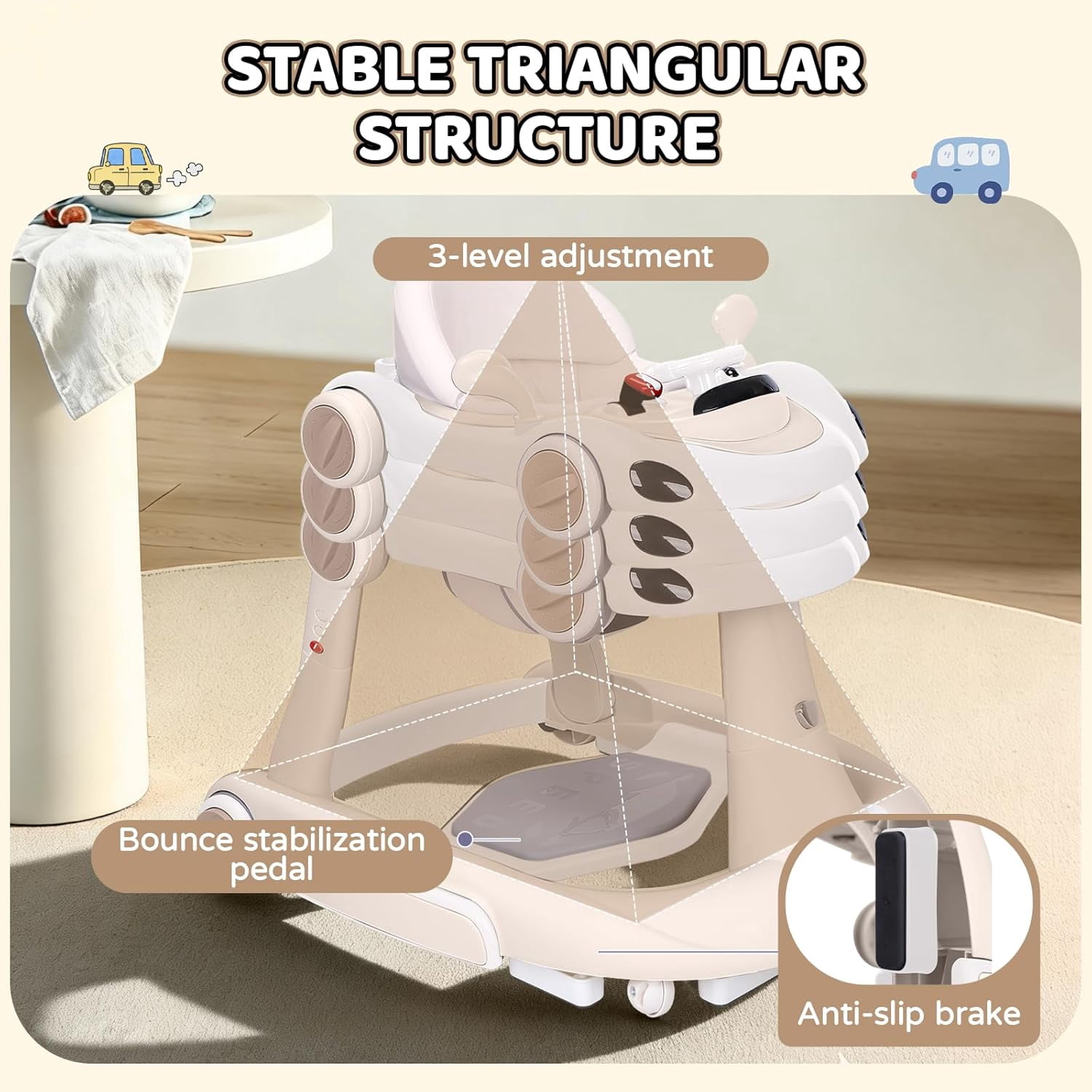 5 in 1 Baby Walker for Boys Girls,Foldable,Music,Jumper,Rocking,Push W/ 3 Height Adjustable for Infant 6-18 Months,Beige