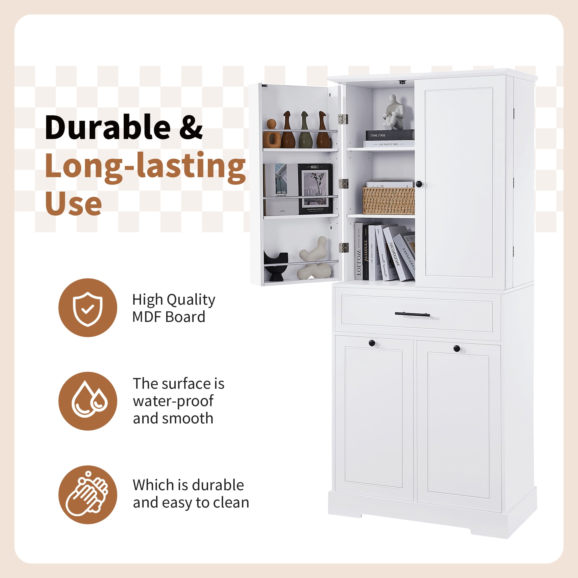 Euroco Freestanding Bathroom Storage Cabinet with Doors & Drawers, Tilt-Out Laundry Hamper, Adjustable Shelf, Multiple Storage Spaces, White