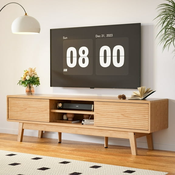 Tolead 59" Low Profile Boho Wooden TV Stand up to 65" TV with Natural Wood Sliding Doors