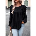 thumbnail image 5 of Solid Round Neck Ruffle Shoulder Crochet Detail Blouse for Women Black X-Large, 5 of 5