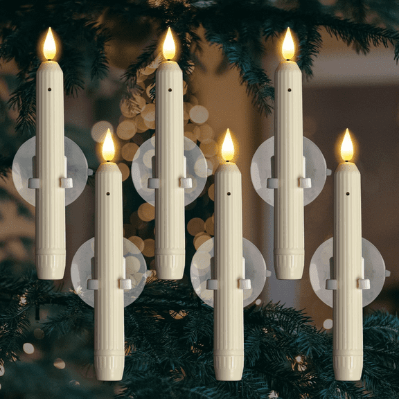 6cs Window Candles with Sensor Dusk to Dawn, Ivory Striped Candlesticks with Suction Cups, Roman Column Christmas Window Candle Battery Operated, Flameless Led Taper Candles for Windows