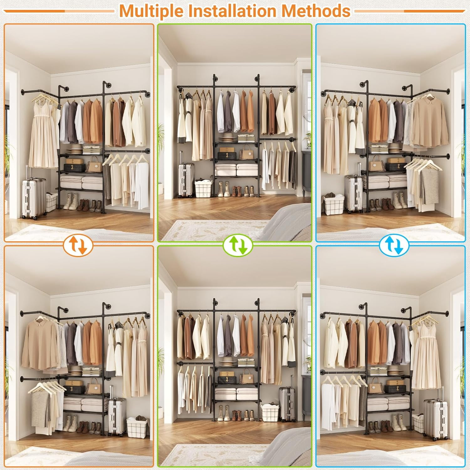 Homieasy Industrial Pipe Clothing Rack, Reversible 7.25FT Wall Mounted Clothes Rack, Heavy Duty Garment Racks Closet Wardrobe with LED Lights& Shelves, Walk-in Closet System, Black Oak