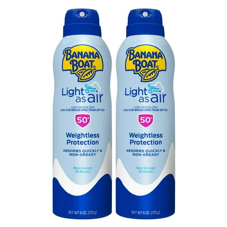 Banana Boat Light As Air Sunscreen Spray SPF 50 Twin Pack| Lightweight Sunscreen, Spray On Sunscreen, Body Sunscreen Spray, Non-Greasy Sunscreen, Oxybenzone Free Sunscreen, 6oz eac