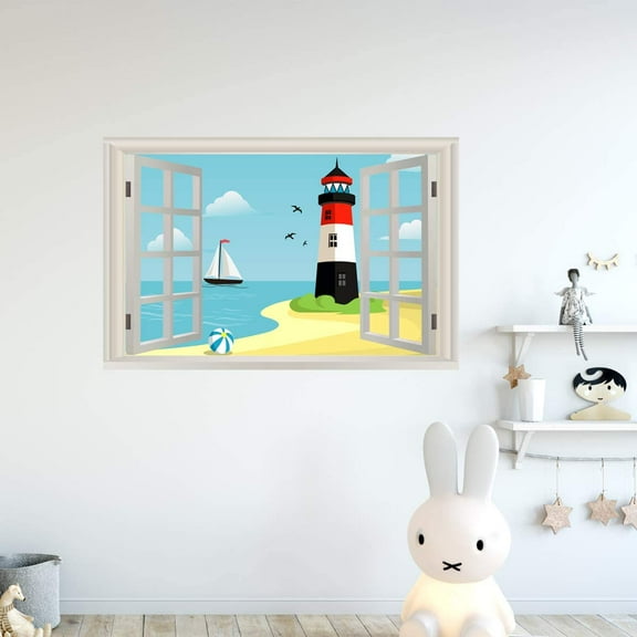 VWAQ Kids Room Beach Window Decal Wall Sticker Lighthouse Mural Peel and Stick - NWT27 16"H X 24"W