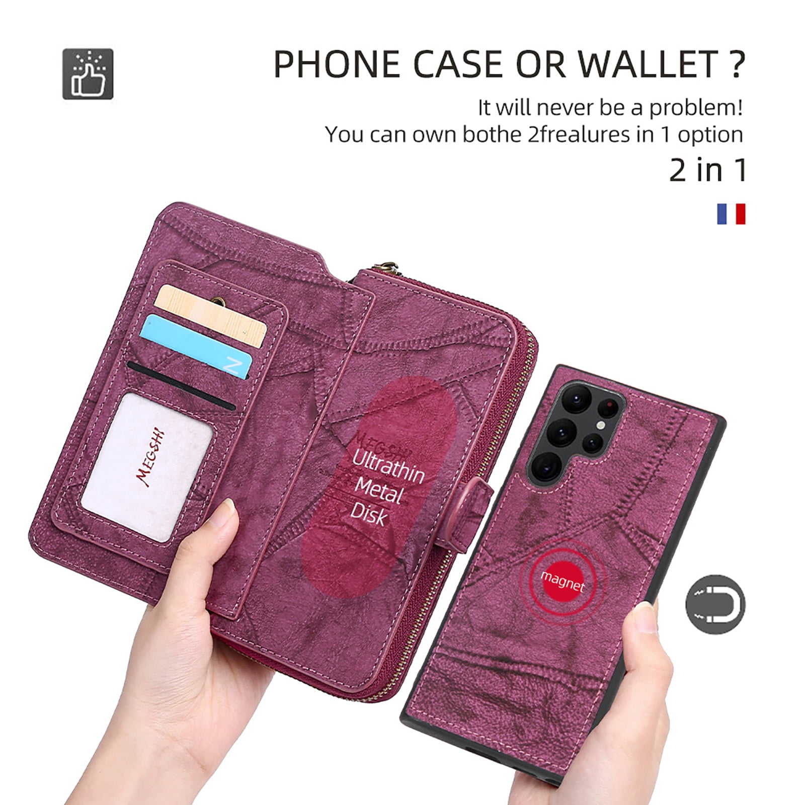 For Samsung Galaxy S25 Ultra Wallet Case with RFID Blocking Credit Card Holder, Detachable Wallet Phone Case Magnetic Closure Flip Kickstand PU Leather Flip Lanyard Strap Wristlet Zipper Purse,Winered