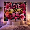 thumbnail image 2 of Love Blooms Here Floral Typography on Dark Navy Background, Whimsical Illustration for Flower Lovers, Romantic Wall Art Decor, Birthday Gift, Tapestry Wall Hanging for Bedroom and Living Room, 2 of 6