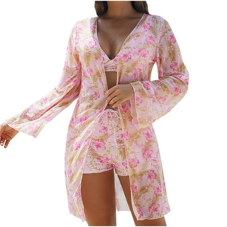 Pink Sets for Women Flower Beach Match Casual Sexy Hawaiian Seamless Triangle 2 Piece with Slit Top Swimwear Micro Bikini Tankini Kimono Coverup Shorts Sets Women XL