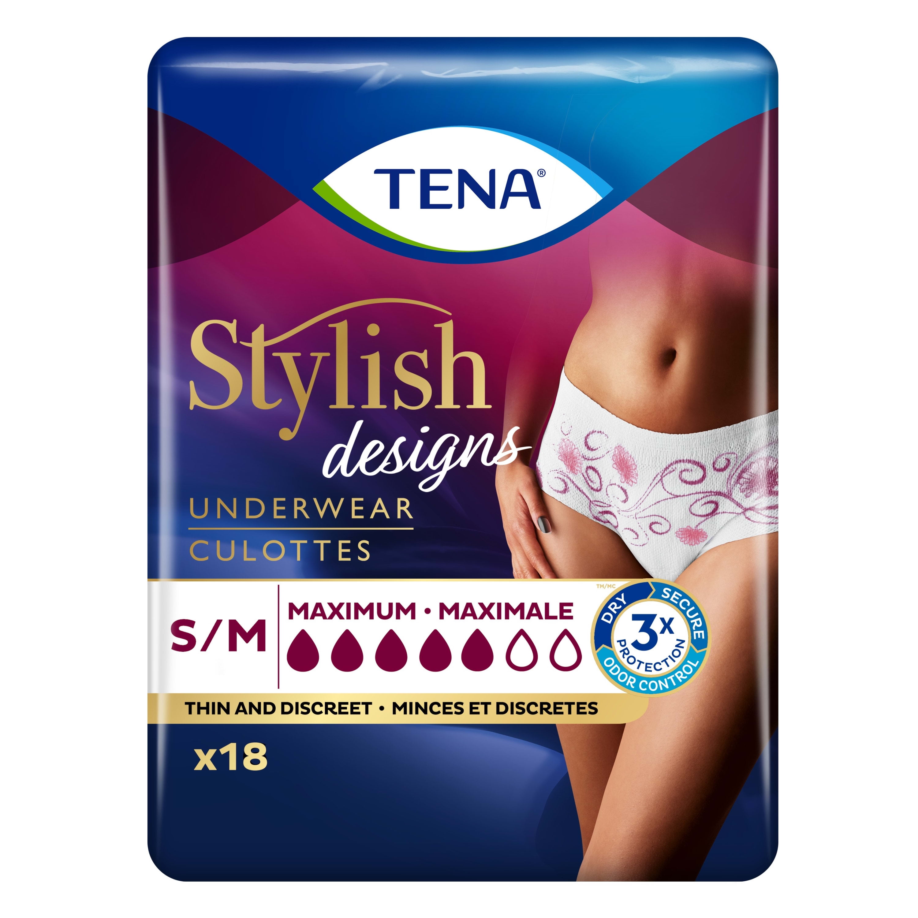 TENA Stylish Black Underwear Maximum Absorbency Small/Medium 18 Count, 18  Count