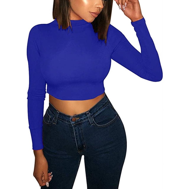 Hauts Courts à Manches Longues pour Femmes, Col Roulé Mi-Haut, Couleur Unie, Pulls Slim