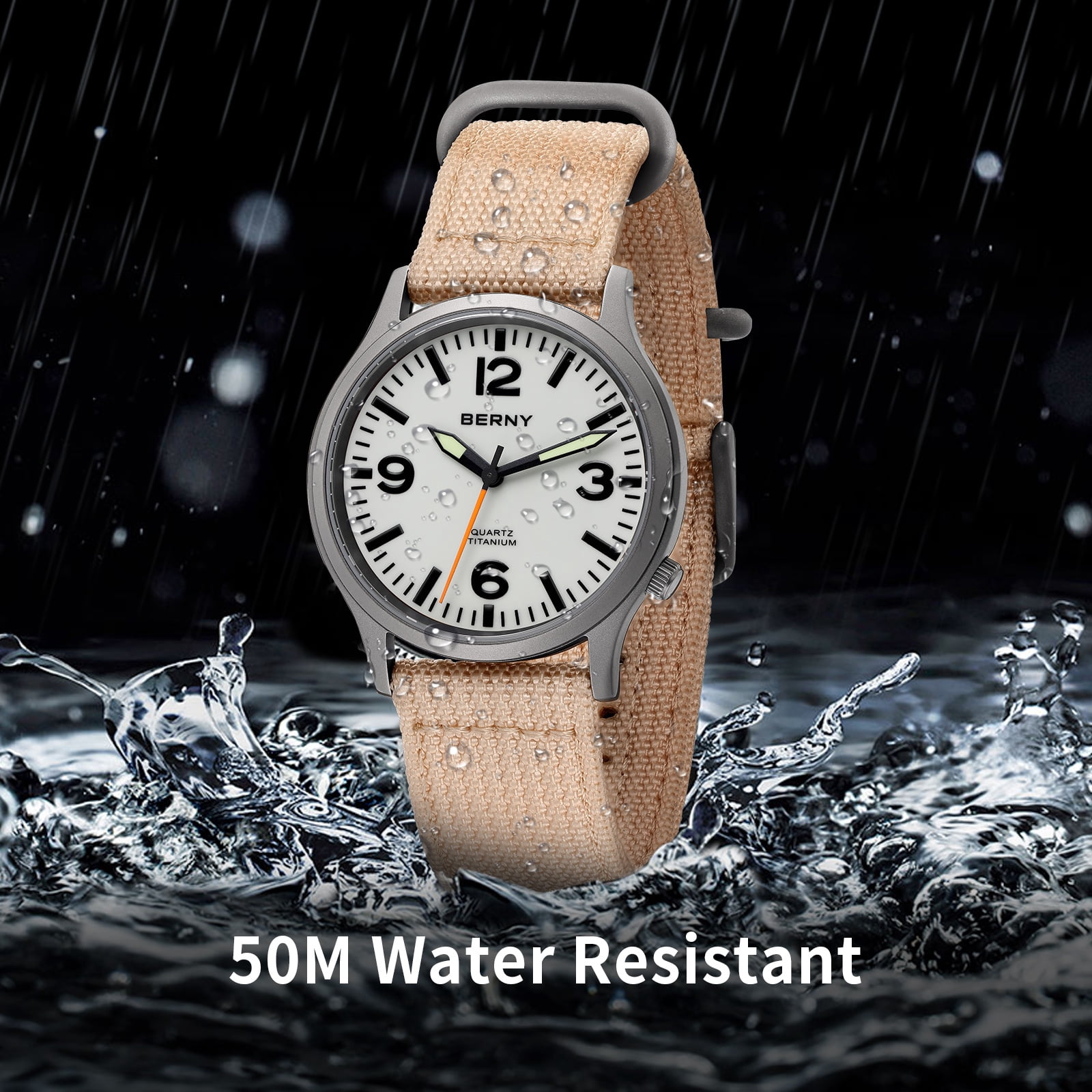 BERNY Watches for Men Military Sport Nylon Strap Titanium Field Watch with Sapphire Crystal Luminous Fashion Analog Quartz Watch Easy to Read 50M Waterproof Army Tactical Casual Wristwatch (White)