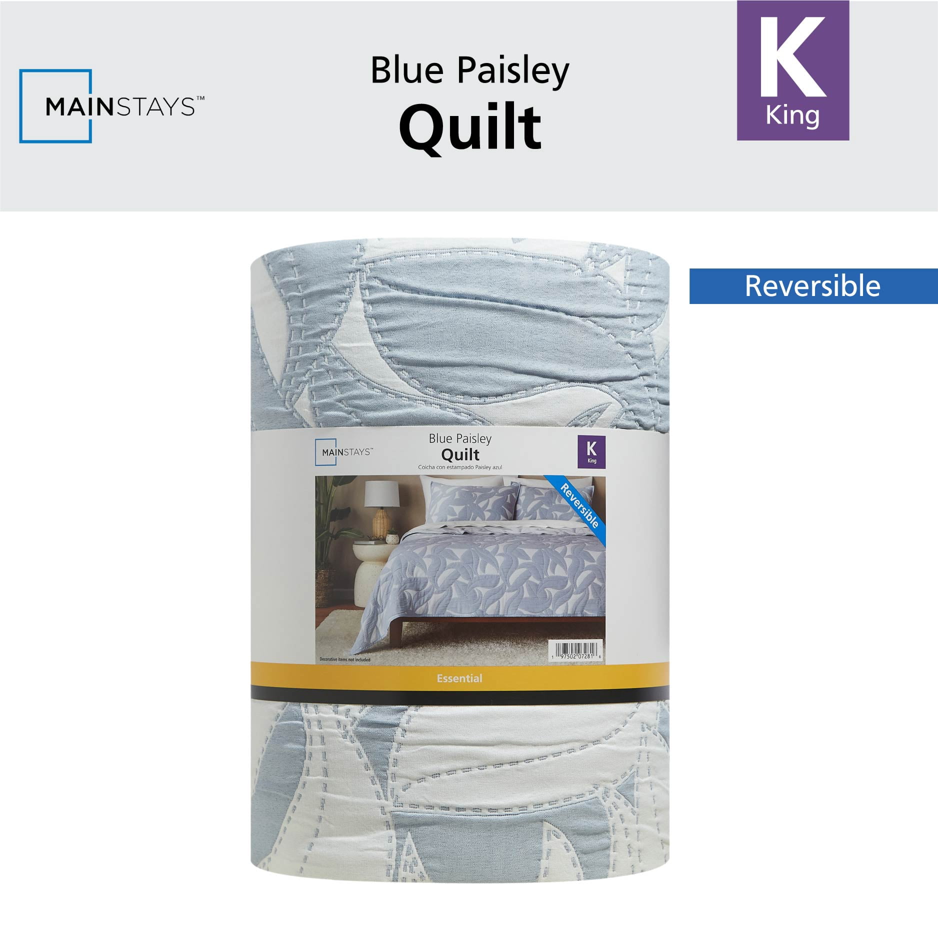Mainstays Iris Leaf Stitched Reversible King Quilt, Light Blue, Lightweight Bedding