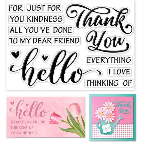 Hello Thank You Silicone Clear Stamps for Card Making Friends Greeting Words DIY Scrapbooking Journaling Photo Album Sentiments Transparent Rubber Seals Holiday Decoration 6.3 x 4.3inch DIY