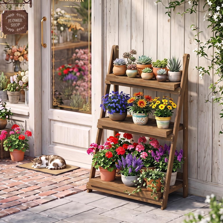 Costway 3-Tier Foldable Plant Stand with Slatted Shelves Fir Wood