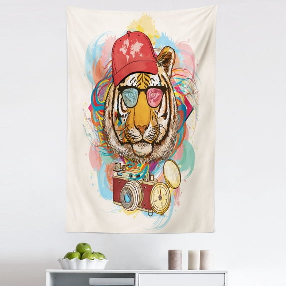 Animal Tapestry, Hipster Rapper Tiger Sunglasses Hat and Camera Artist Hippie Comic Print, Fabric Wall Hanging Decor for Bedroom Living Room Dorm, 5 Sizes, Multicolor, by Ambesonne
