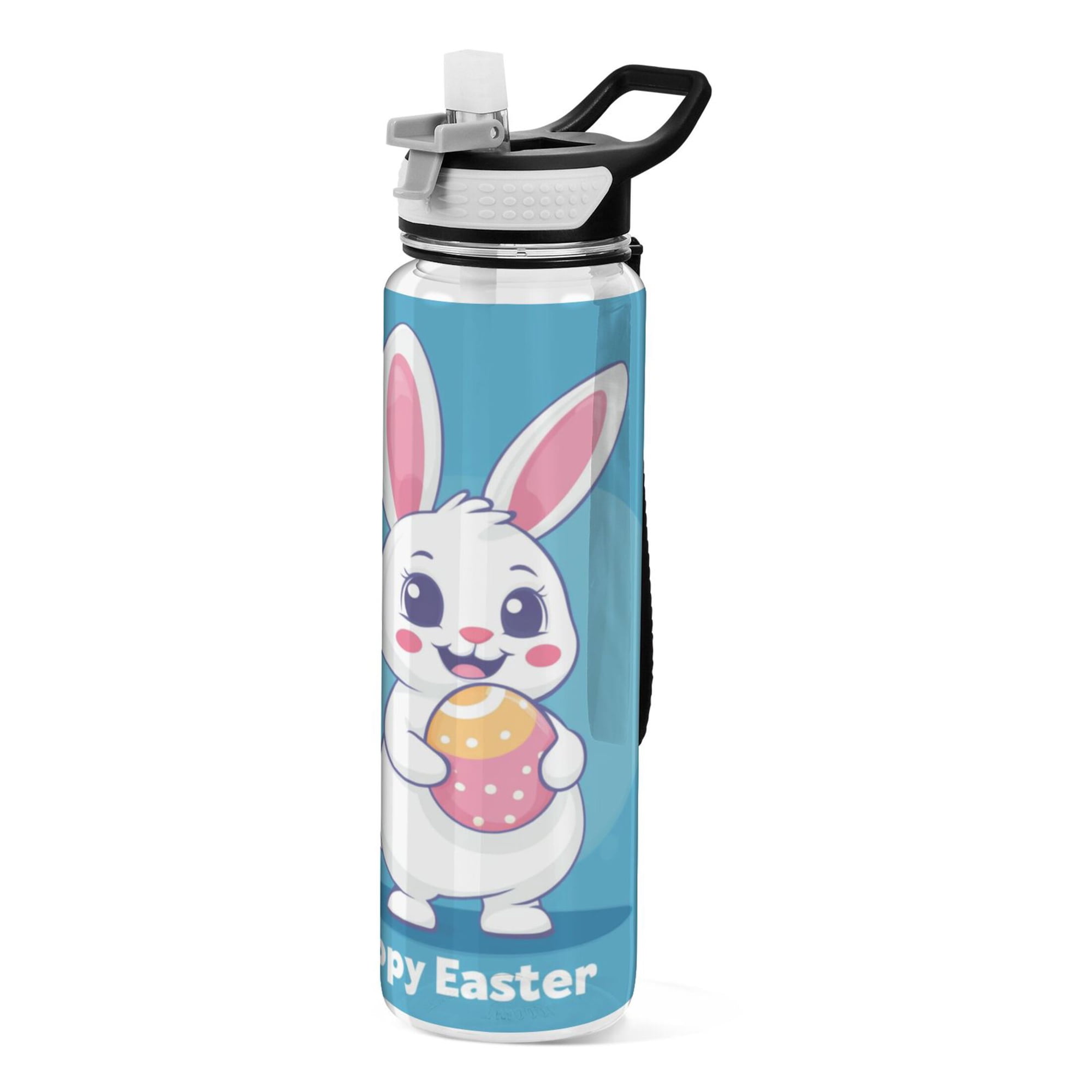 32oz Transparent Sports Water Bottle with Straw for Kids Adults Outdoor School Gym Fitness Smiling Cartoon Rabbit