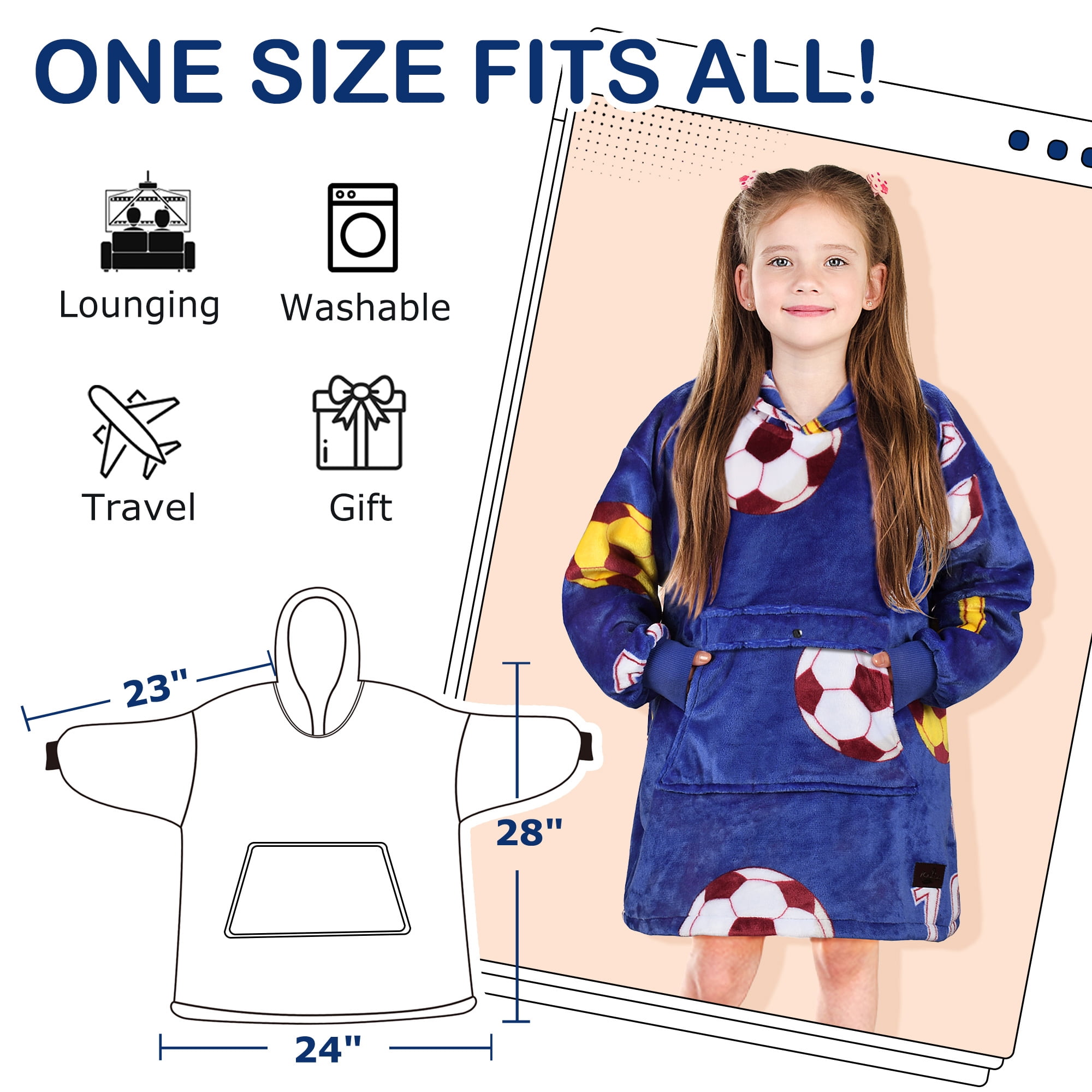 Catalonia Soccer Blanket Hoodie Sweatshirt for Kids, Oversized Wearable Snuggy Fleece Pullover, 4-12 Years Boy Sports Football Fanatic Gift
