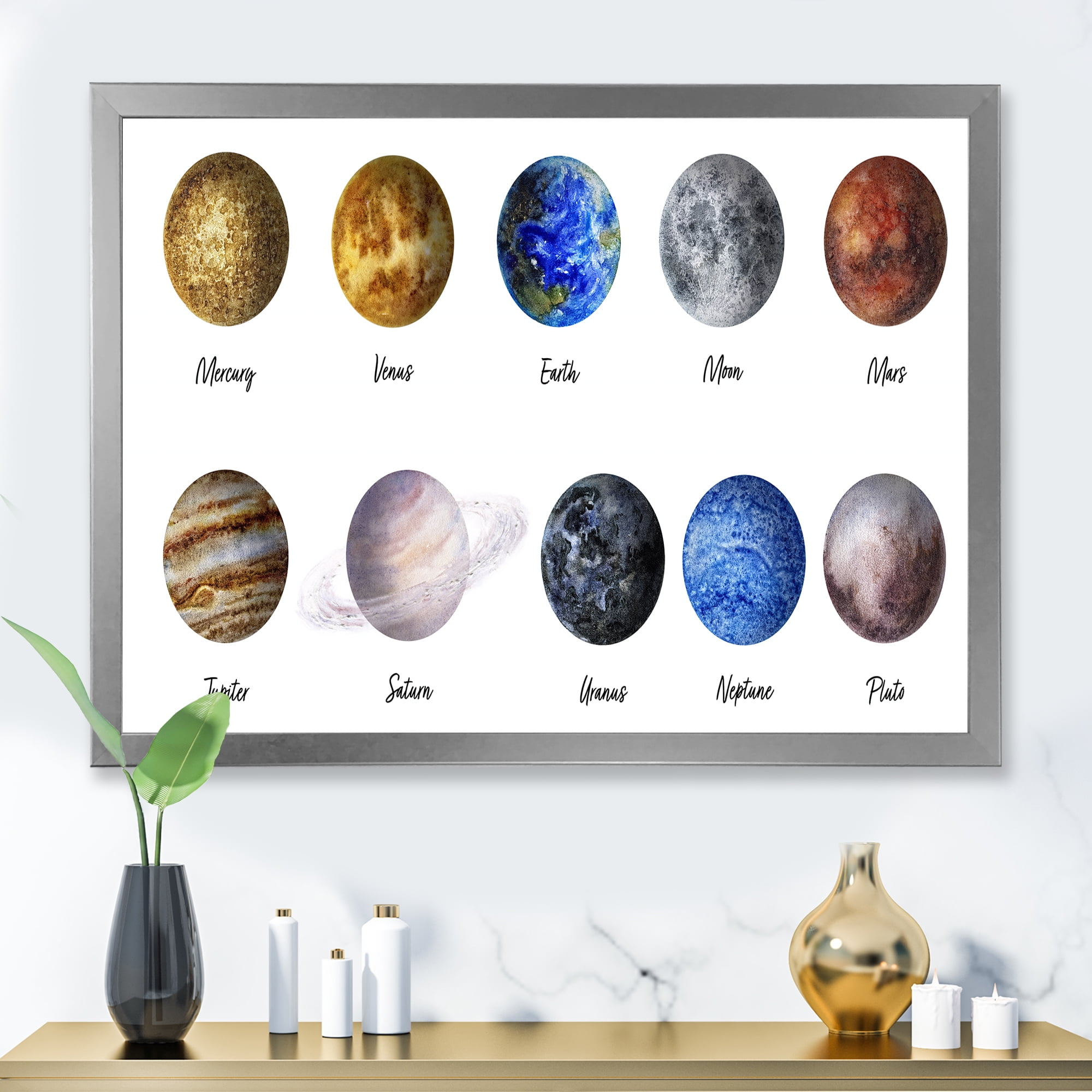 Designart 'All Planets United On White' Modern Framed Art Print