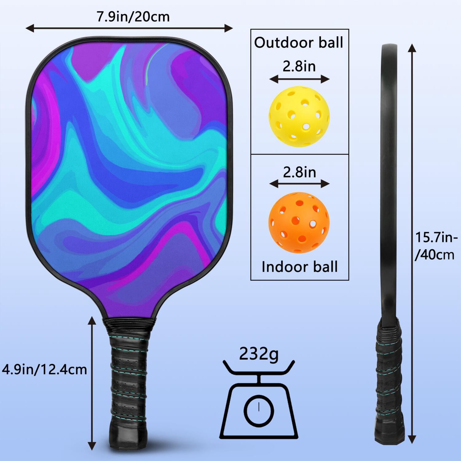 Pickleball Paddles Set Of 2, Fiberglass Surface, Liquid & Marble Print, 4 Balls & Bag