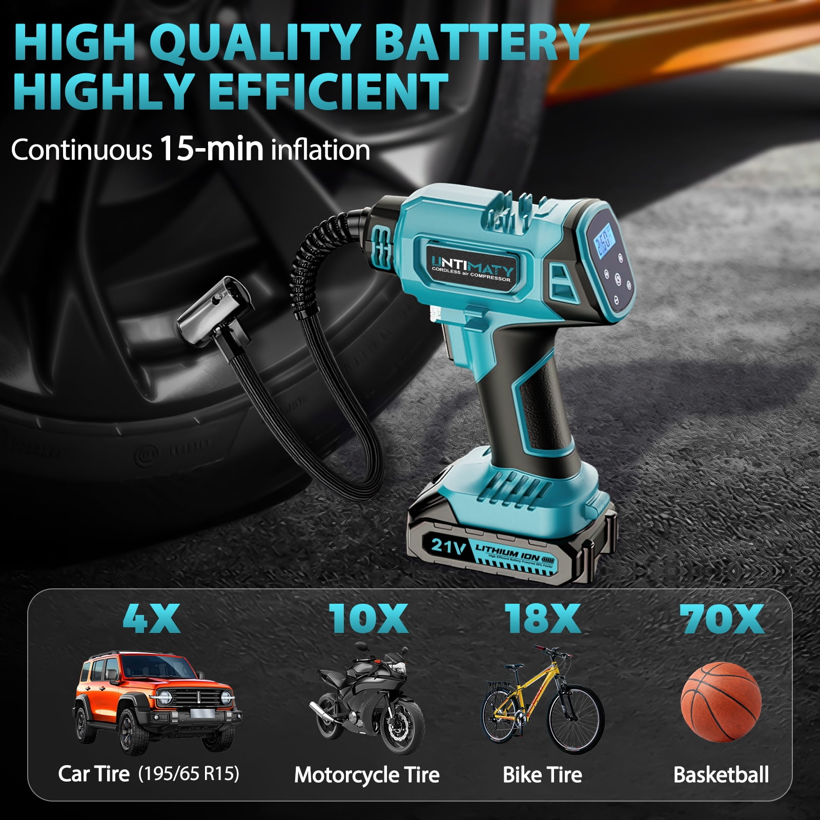 Cordless Tire Inflator, UNTIMATY Portable Air Compressor, 150PSI Handheld Air Pump with 21V Rechargeable Battery, Digital Pressure Gauge for Cars Motorcycles, Blue