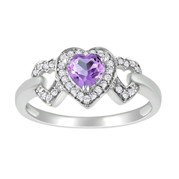 Amethyst February Birthstone & Cubic Zirconia Heart Ring in 10k White Gold