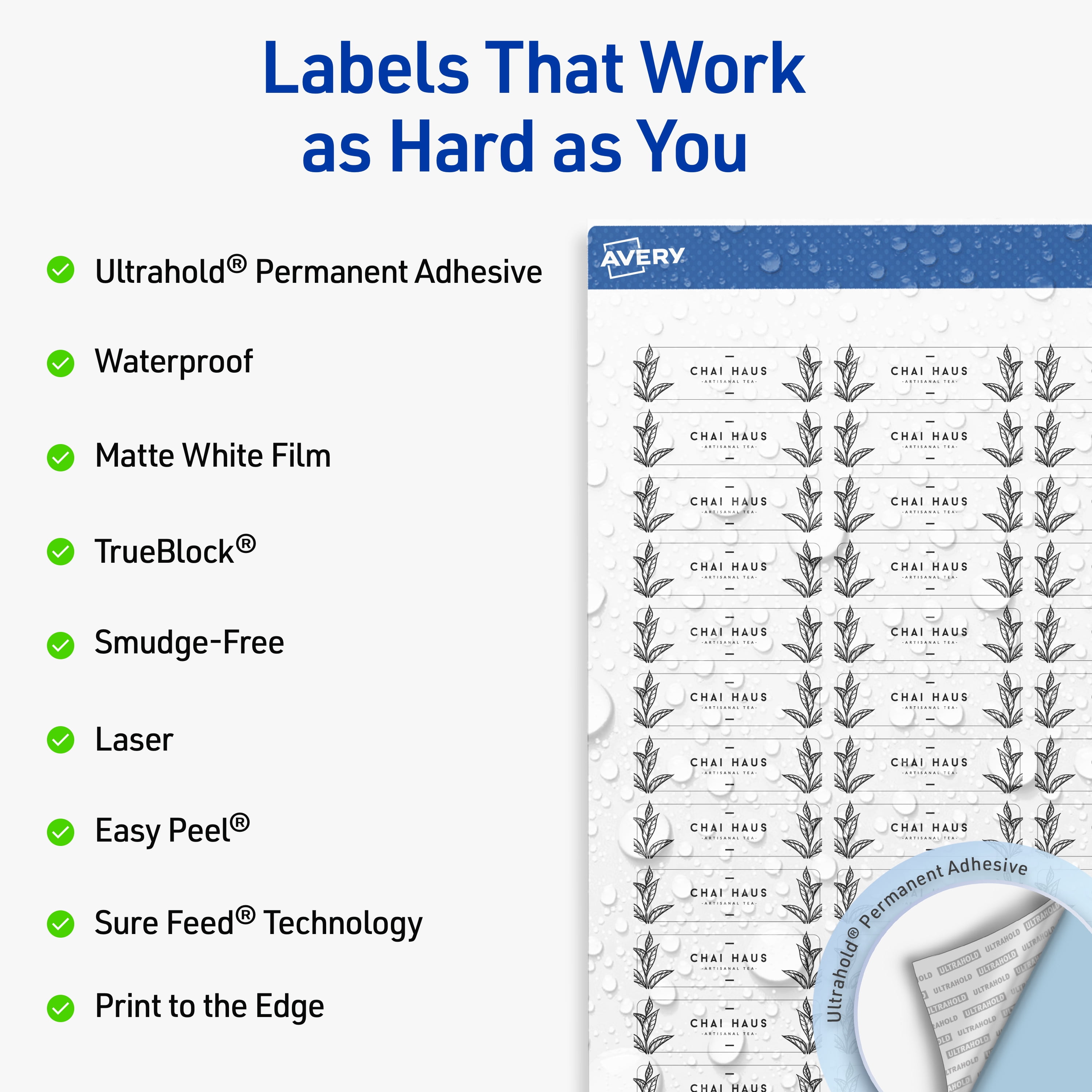 Avery Waterproof Rectangle Labels, 0.5" x 1.75", 3000 Total