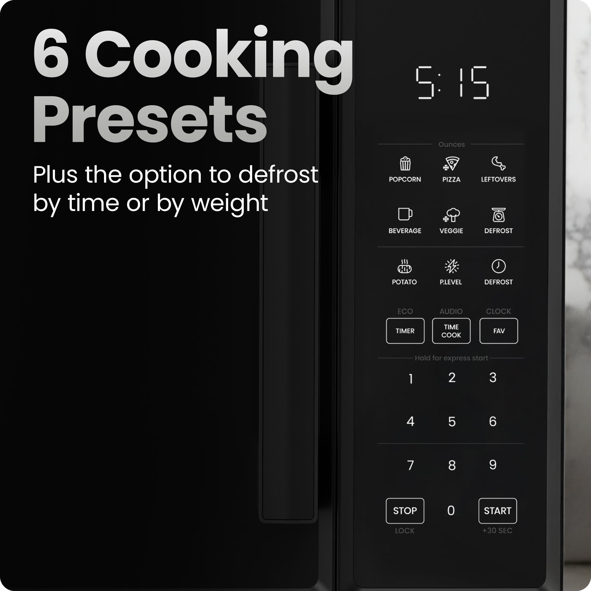 Chefman Countertop Microwave Oven 0.9 Cu. Ft., 900 Watts with 6 Presets and 10 Power Levels - Black