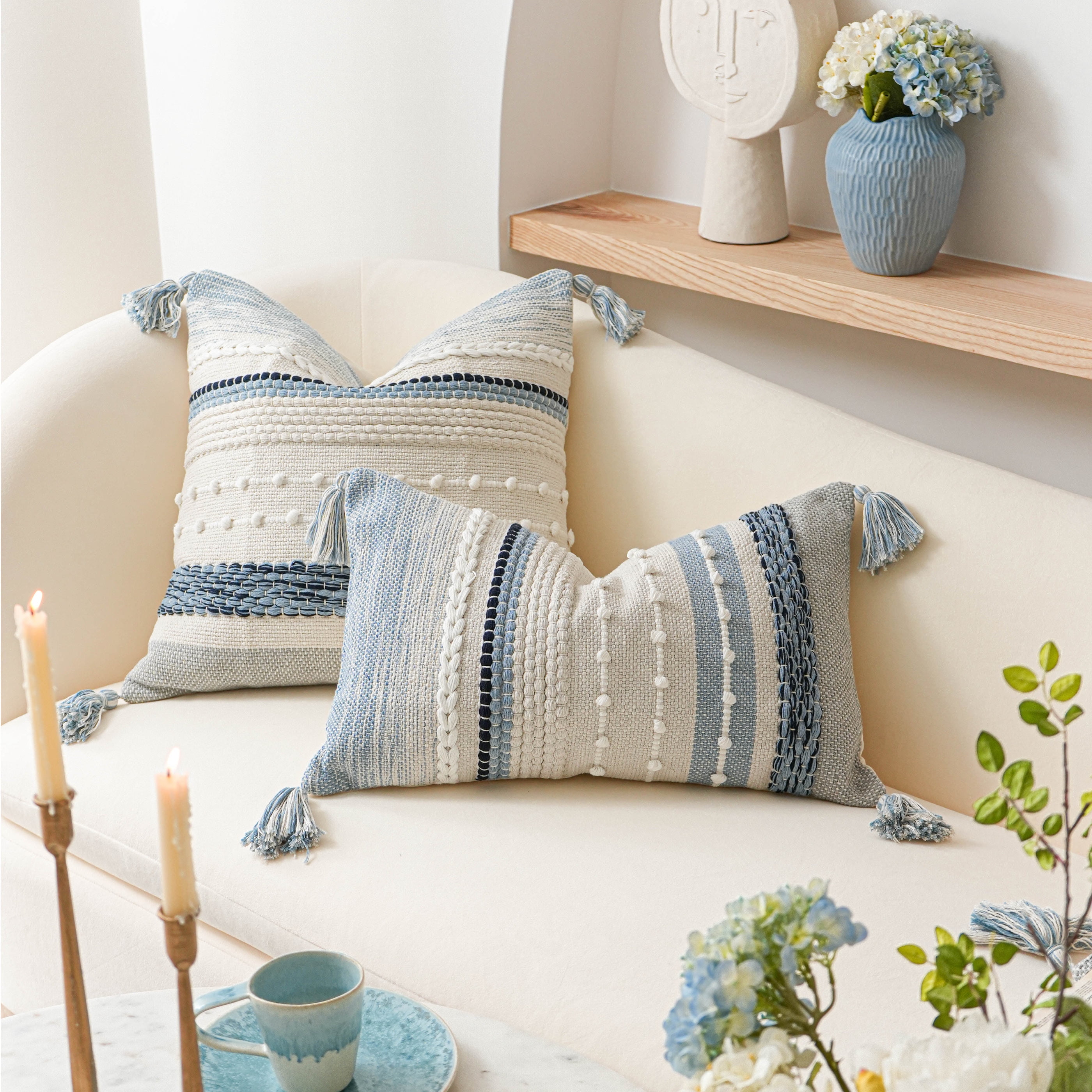 BlissBlush Decorative Lumbar Throw Pillow Cover 14x24 Boho Coastal Blue Accent Cushion for Couch Sofa Farmhouse Pillowcase for Bedroom Living Room Home Décor Cover ONLY