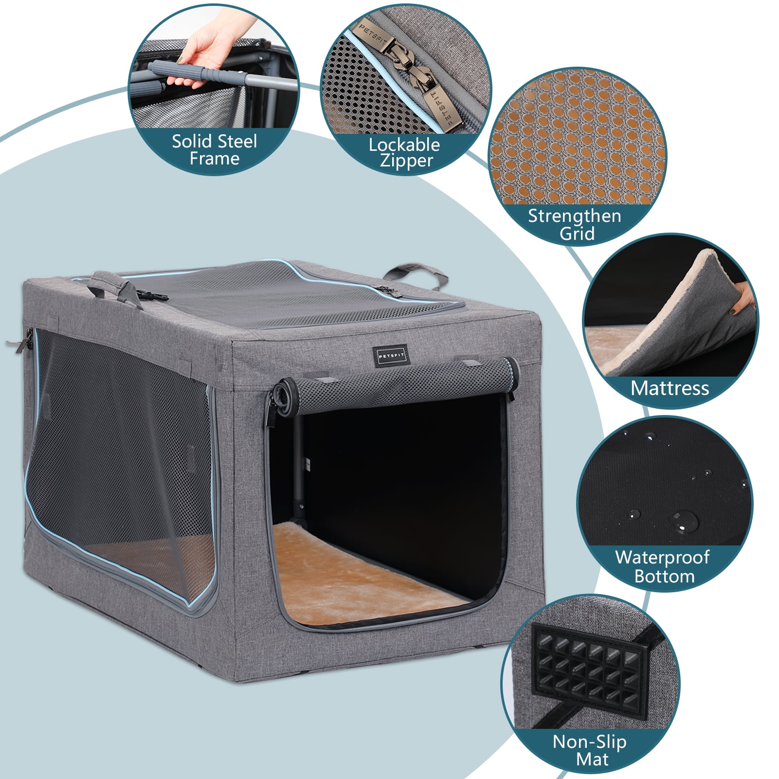 Petsfit Portable Soft Dog Crate, 3-Doors Pet Care Kennel up to 25 lbs,30.0"L x 20.0"W x 19.0"H ,Grey